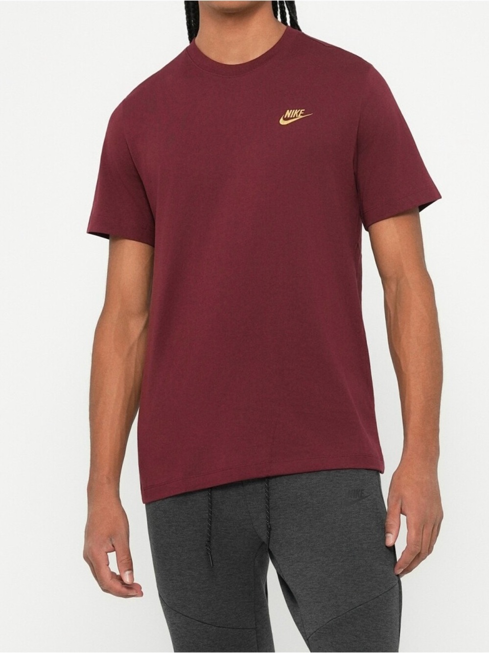 Nike Sportswear Club T-Shirt Dark Team Red/Gold Nike Swoosh Men Size AR4997-620